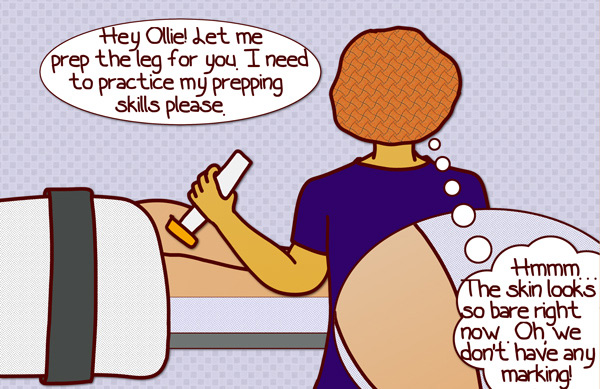 Cartoon of a nurse using skin prep on a patient's leg