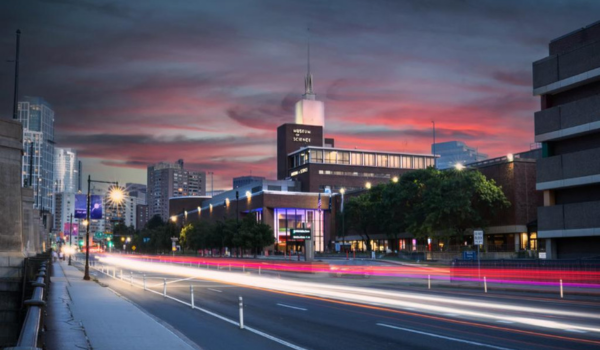 Boston cityscape with interstate in front.